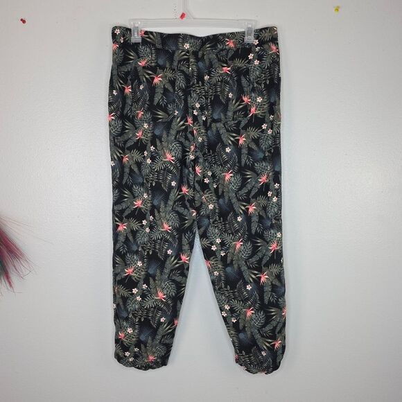Intro Black & Green Tropical Floral Linen Cropped Flat Pocket Pants Size 14 - Picture 6 of 11